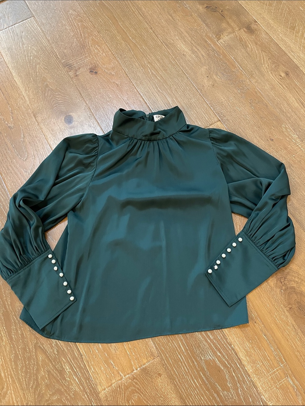 CROSBY by Mollie Burch Deep Green Satin Mock-Neck Blouse with Pearl Cuff Buttons
